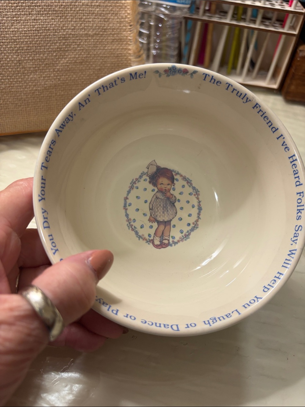 Enesco Cream and Blue Children's Decorative Bowl with Girl Illustration